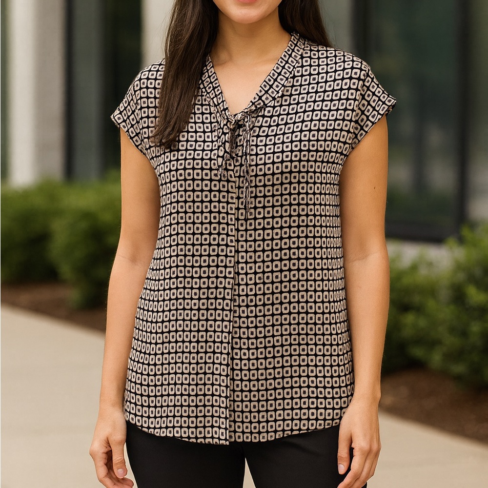 Pleione Geometric Black and Cream Blouse